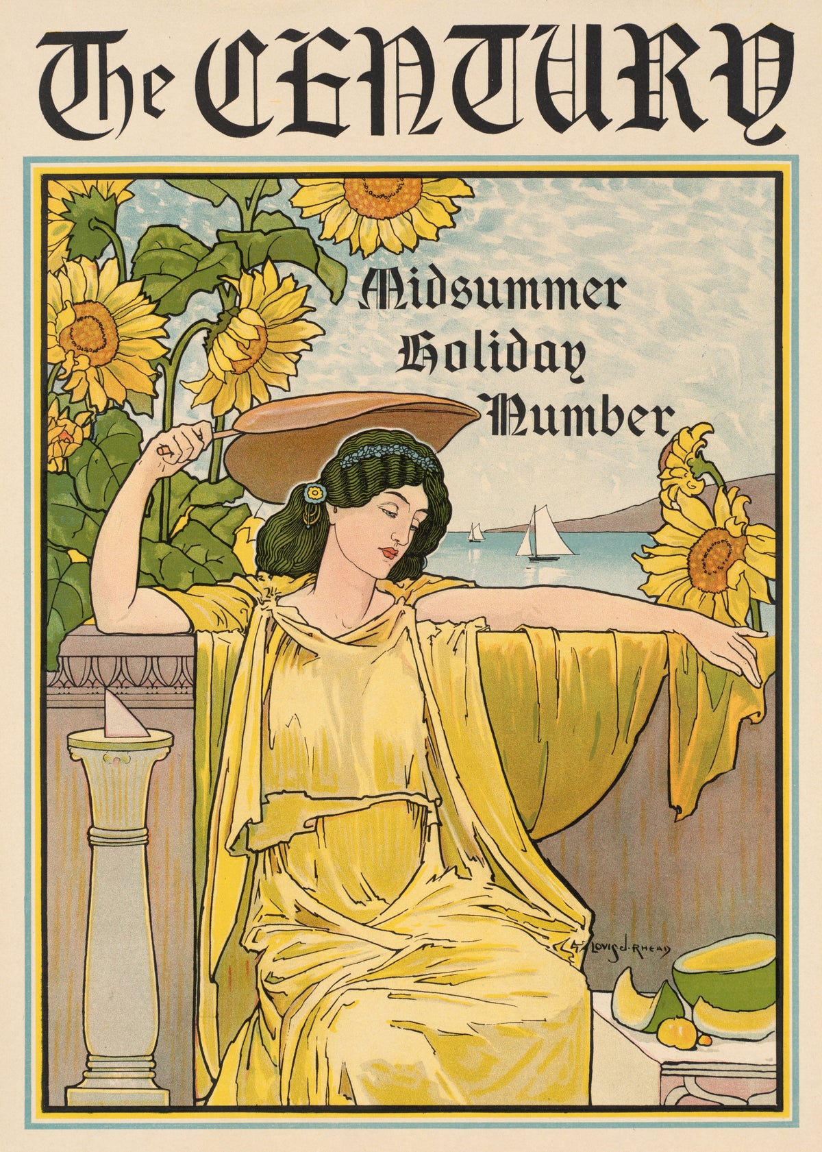 The Century, Midsummer Holiday Number by Louis Rhead — A woman in yellow drapery lounges among sunflowers above a bay