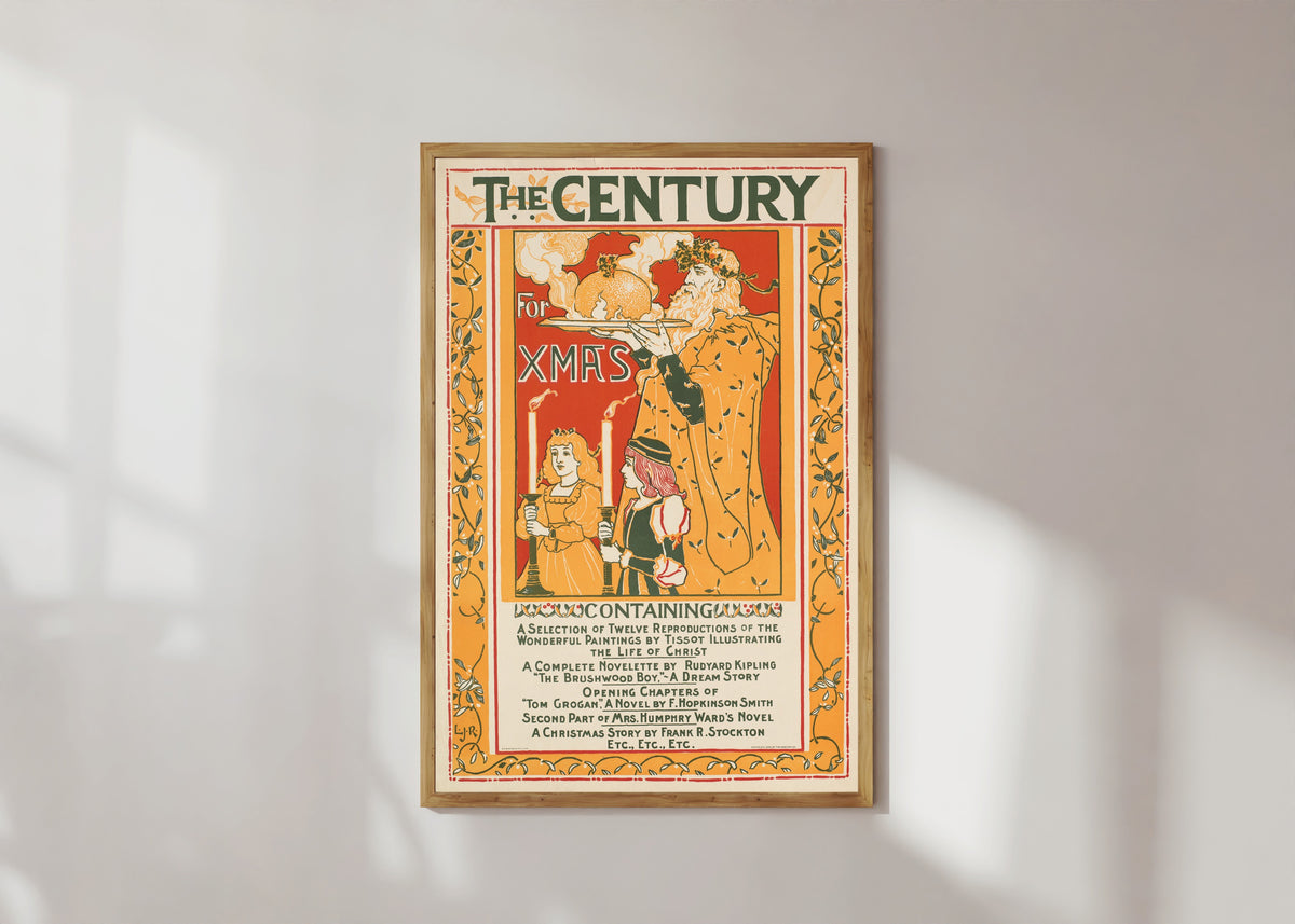 Framed art print of The Century for Xmas by Louis Rhead, in a light wood frame on a sunlit white wall