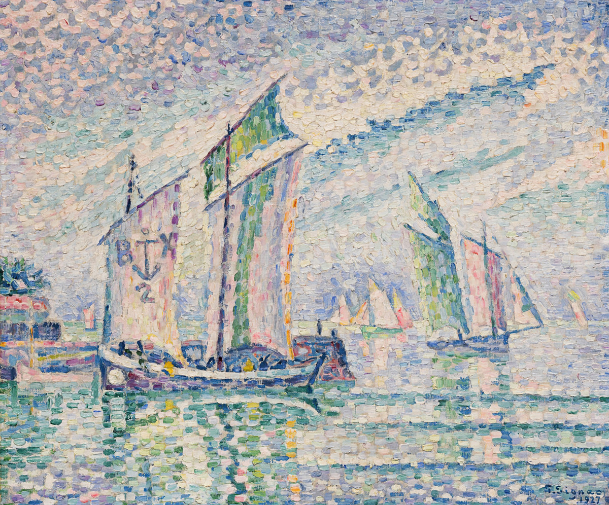 The Channel at La Rochelle by Paul Signac — Tall-sailed boats in a pale channel with striped water