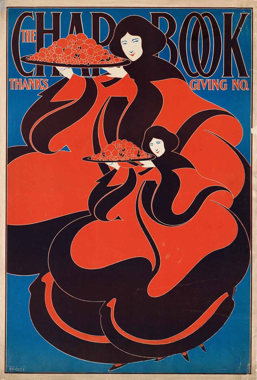 Will Bradley — The Chap-Book, Thanksgiving Number, 1895 | Vintage Thanksgiving Print shown to scale on a wall above a sofa