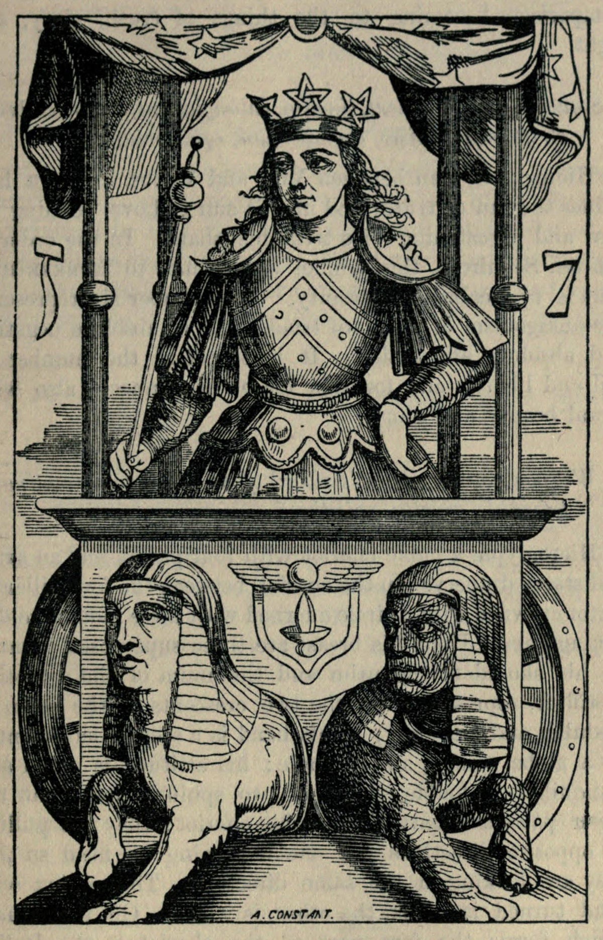 The Chariot of Hermes by Éliphas Lévi — A crowned young man in armour rides a chariot drawn by two sphinxes