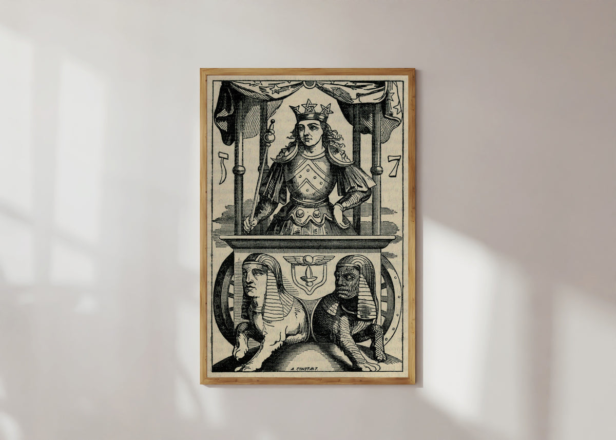 Framed art print of The Chariot of Hermes by Éliphas Lévi, in a light wood frame on a sunlit white wall