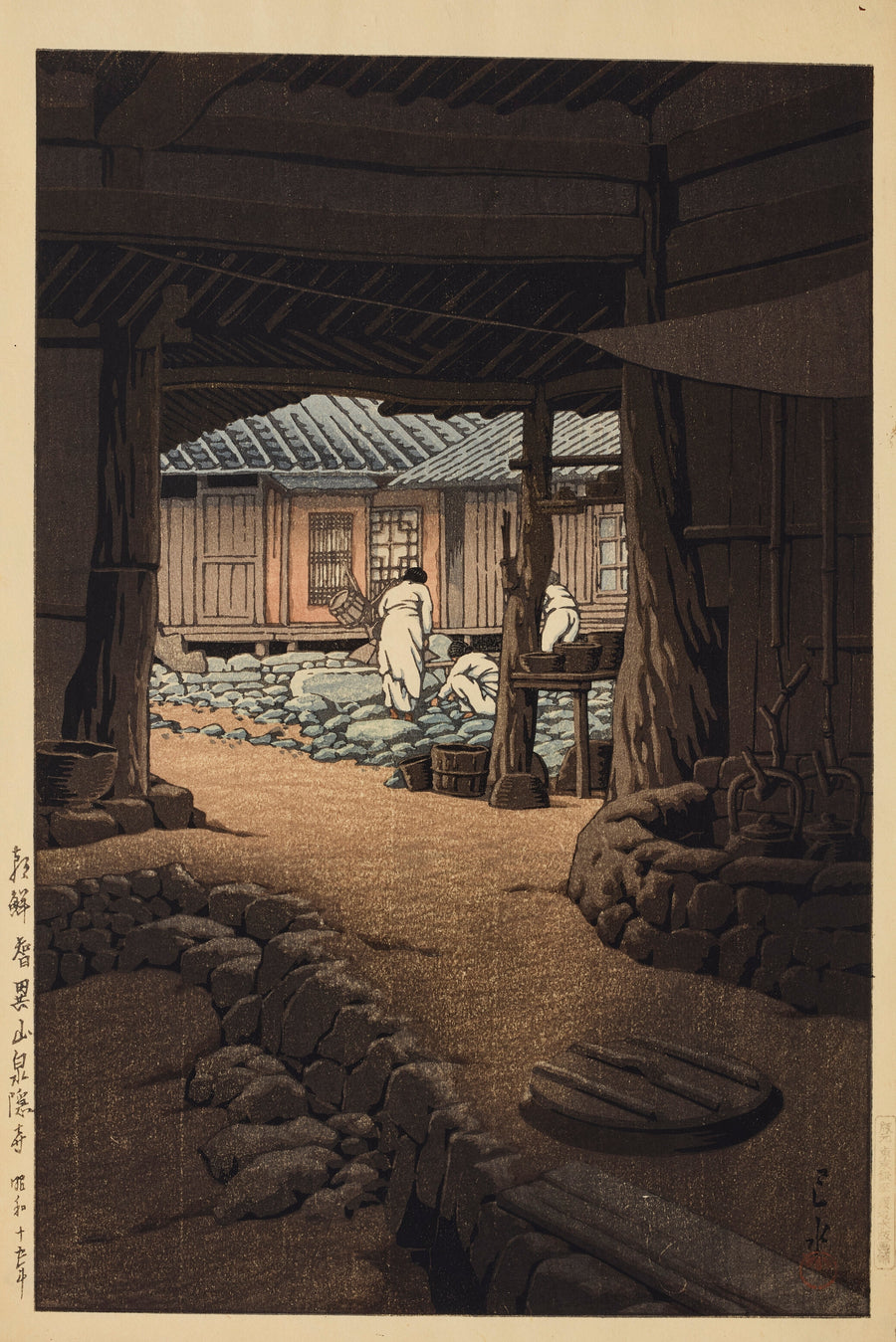 Kawase Hasui — The Cheoneunsa Temple, Mount Jirisan, Korea | Japanese Woodblock Print (Shin Hanga) shown to scale on a wall above a sofa