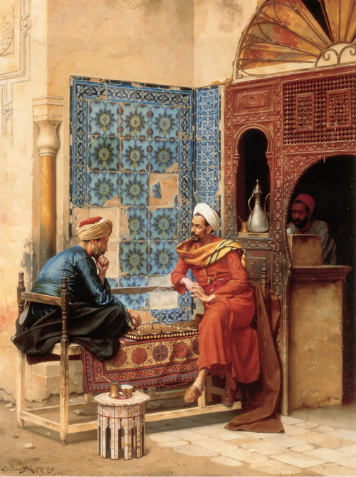 The Chess Game by Ludwig Deutsch — Two men play chess on a carpeted bench beside a wall of blue tiles