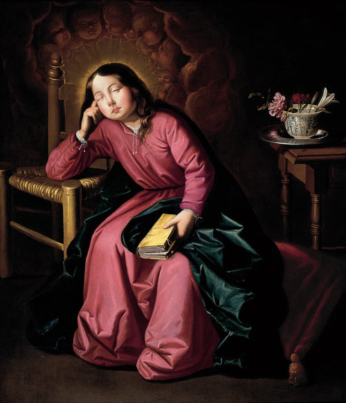 The Child Virgin Asleep by Francisco de Zurbarán — A sleeping girl in rose-pink holds a book, a halo behind her head