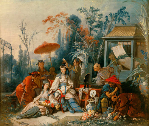The Chinese Garden by François Boucher — Silk-robed figures gather round a seated woman in a fanciful garden