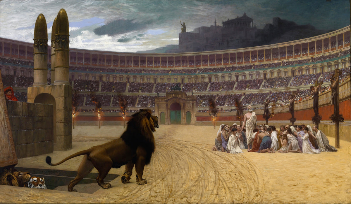 The Christian Martyrs' Last Prayer by Jean-Léon Gérôme — A lion steps into the arena as kneeling Christians pray together