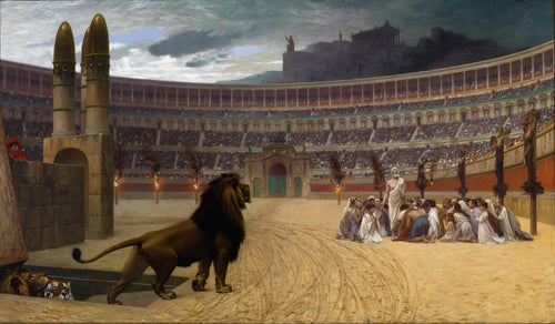 The Christian Martyrs' Last Prayer by Jean-Léon Gérôme — A lion steps into the arena as kneeling Christians pray together