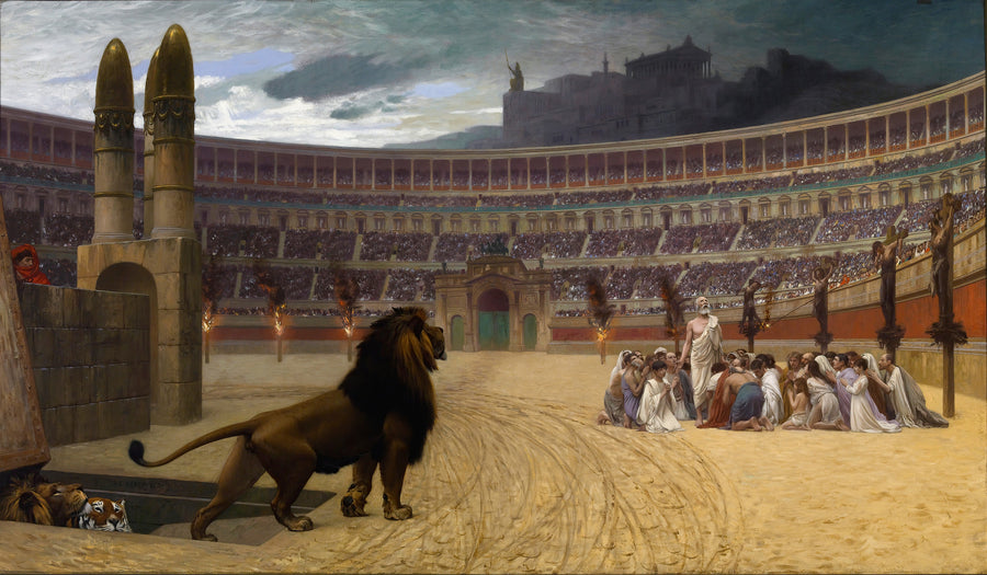 Jean-Léon Gérôme — The Christian Martyrs' Last Prayer | Art Print shown to scale on a wall above a sofa