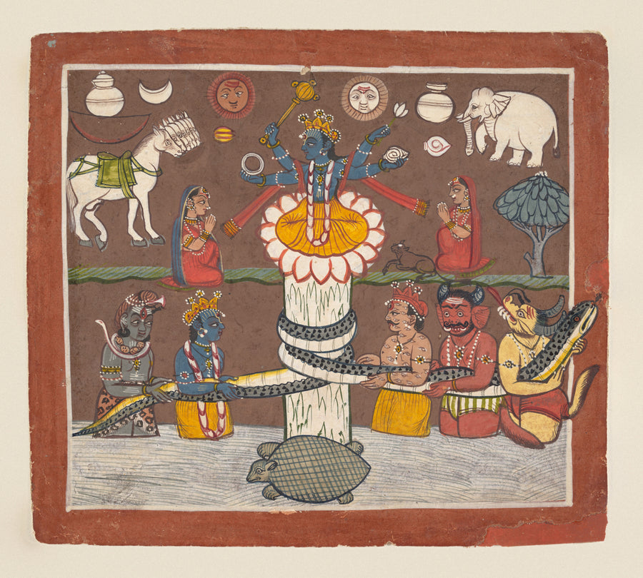 Mandi school — The Churning of the Ocean of Milk | Indian Miniature Painting Print shown to scale on a wall above a sofa