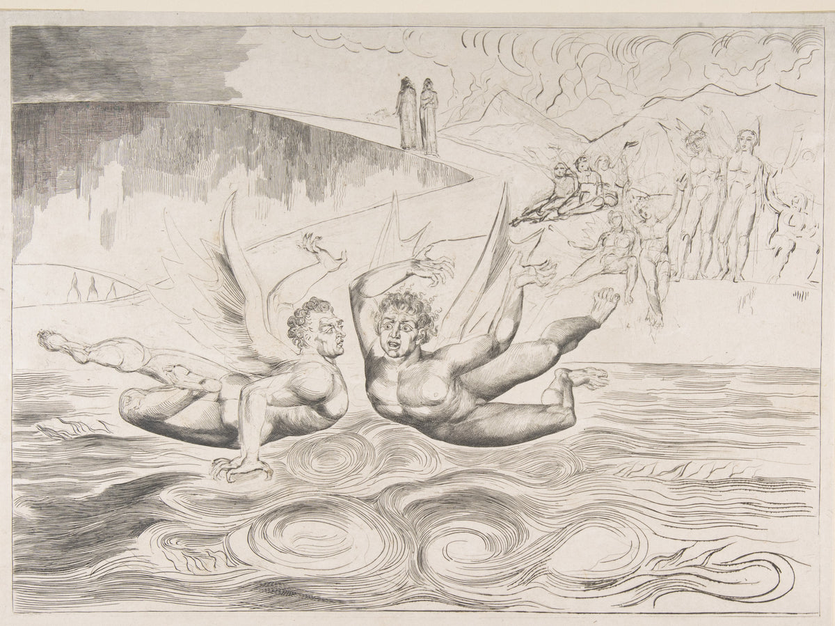 The Circle of Corrupt Officials: The Devils Mauling Each Other by William Blake — Two winged devils grapple in mid-air over a sea of swirling pitch