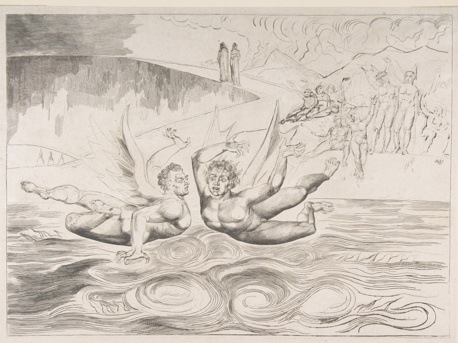 William Blake — The Circle of Corrupt Officials: The Devils Mauling Each Other | Engraving Print shown to scale on a wall above a sofa
