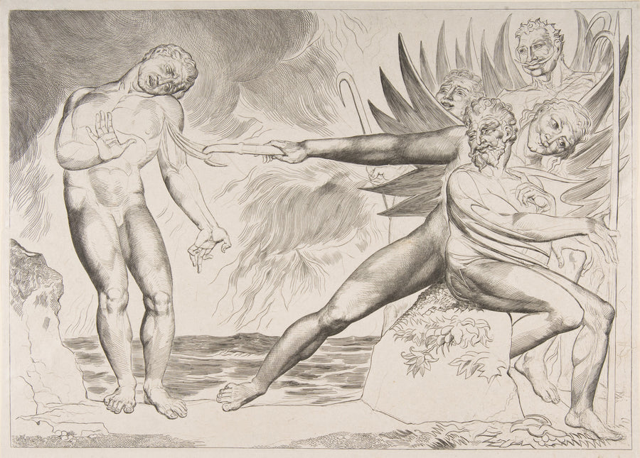William Blake — The Circle of Corrupt Officials: The Devils Tormenting Ciampolo | Engraving Print shown to scale on a wall above a sofa