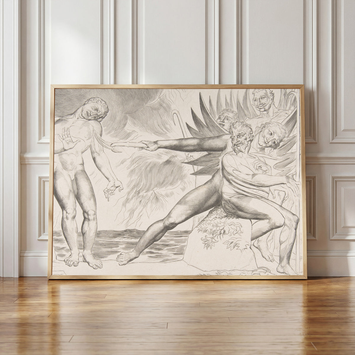 Framed art print of The Circle of Corrupt Officials: The Devils Tormenting… by William Blake, in a light wood frame leaning against a panelled white wall