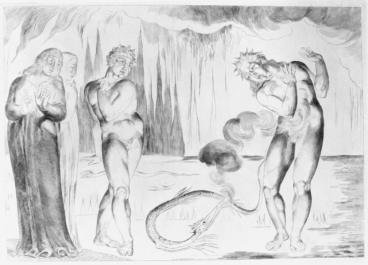 The Circle of the Thieves: Buoso Donati Attacked by the Serpent by William Blake — A serpent's smoke coils toward a damned man as two poets watch