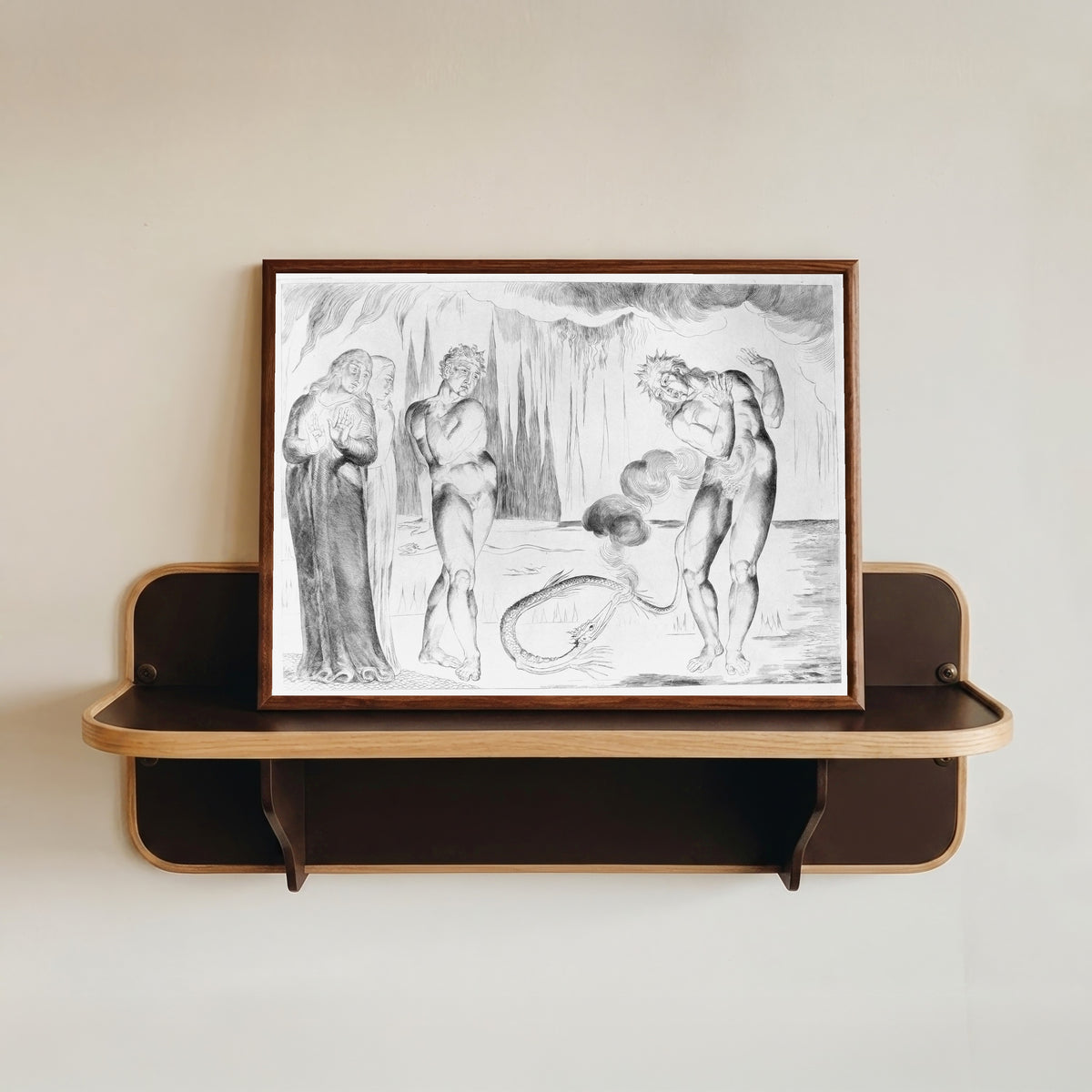 Framed art print of The Circle of the Thieves: Buoso Donati Attacked by the Serpent by William Blake, in a dark wood frame resting on a wall shelf