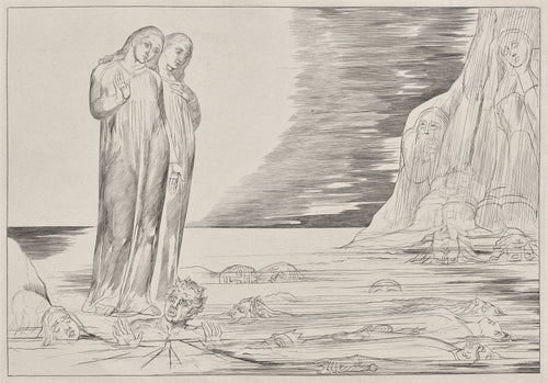 The Circle of the Traitors: Dante's Foot Striking Bocca degli Abati by William Blake — Dante and his guide stand on a frozen lake of heads
