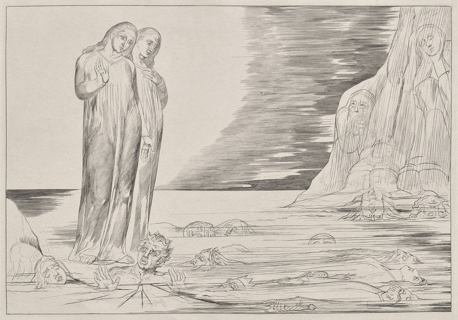 William Blake — The Circle of the Traitors: Dante's Foot Striking Bocca degli Abati | Engraving Print shown to scale on a wall above a sofa