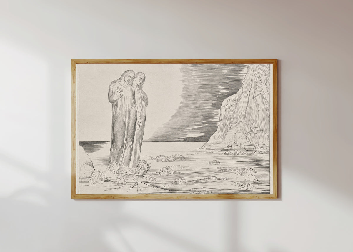 Framed art print of The Circle of the Traitors: Dante's Foot Striking Bocca degli Abati by William Blake, in a light wood frame on a sunlit white wall