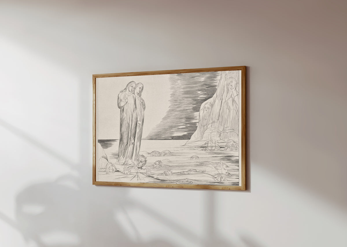Framed art print of The Circle of the Traitors: Dante's Foot Striking… by William Blake, in a light wood frame on a sunlit white wall, seen at a slight angle