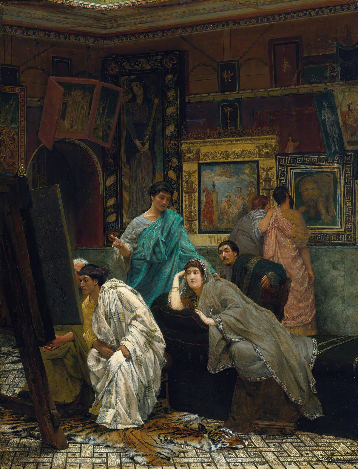 The Collector of Pictures at the Time of Augustus by Lawrence Alma-Tadema — A Roman collector and his guests examine pictures beside an easel