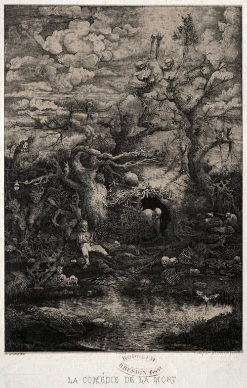 The Comedy of Death by Rodolphe Bresdin — Skeletons dance in a gnarled tree above a pond strewn with skulls