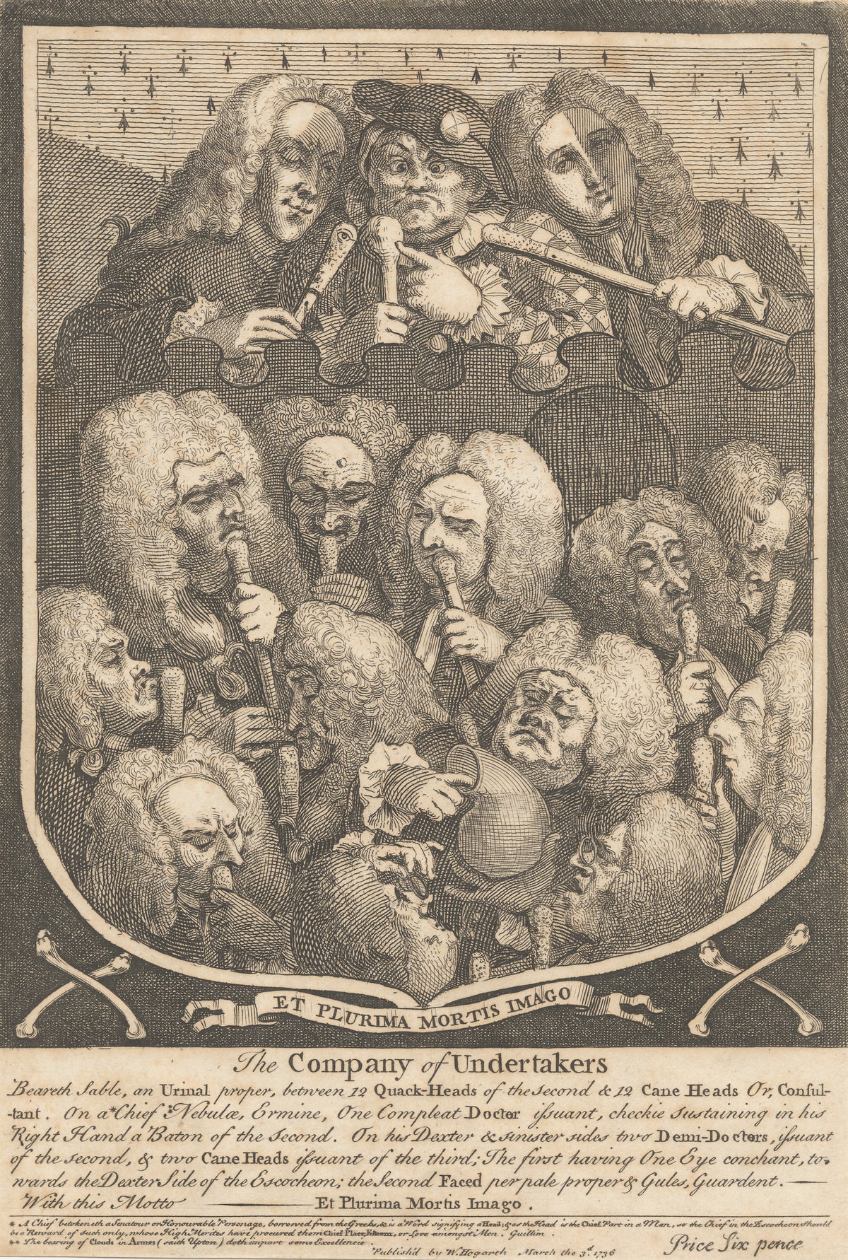 The Company of Undertakers by William Hogarth — Physicians in huge wigs press canes to their noses inside a shield
