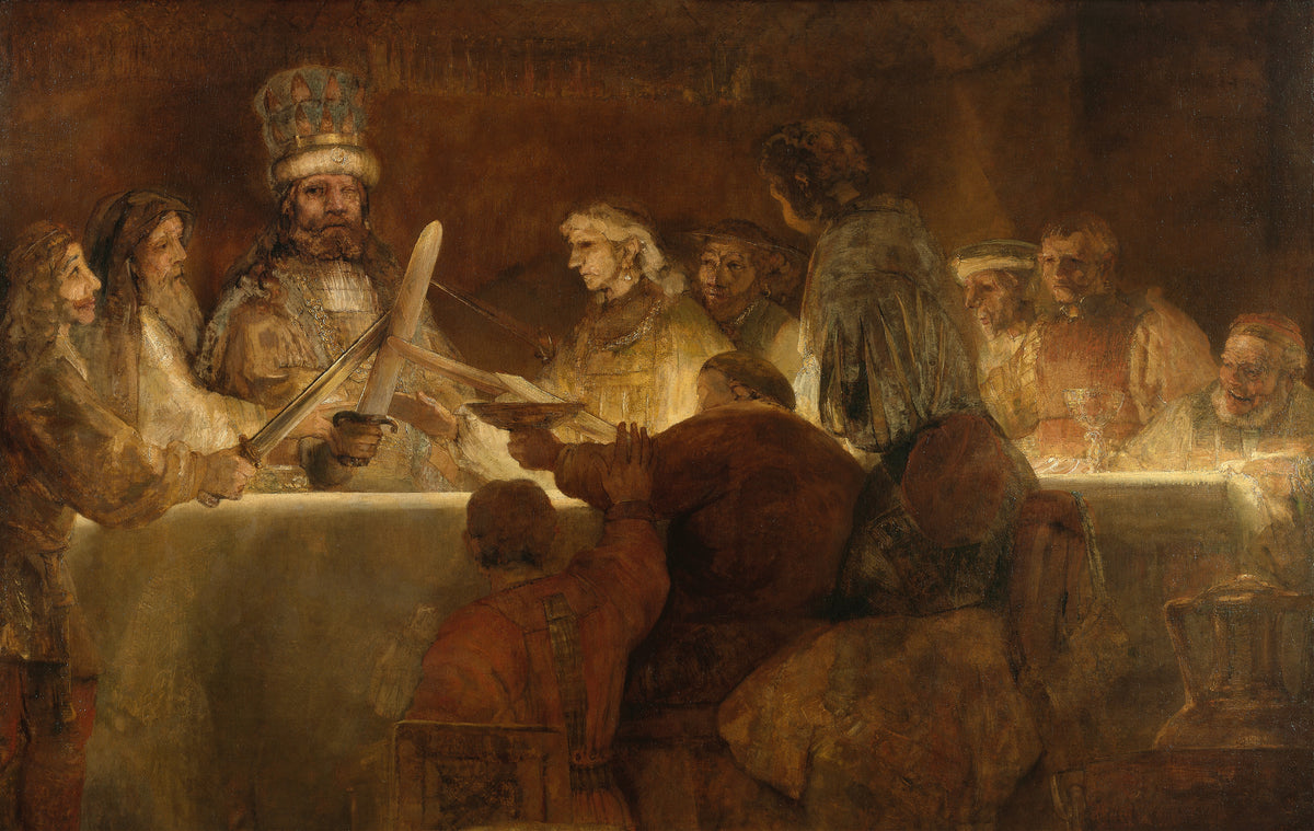 The Conspiracy of the Batavians under Claudius Civilis by Rembrandt van Rijn — Men cross swords over a glowing table to swear an oath
