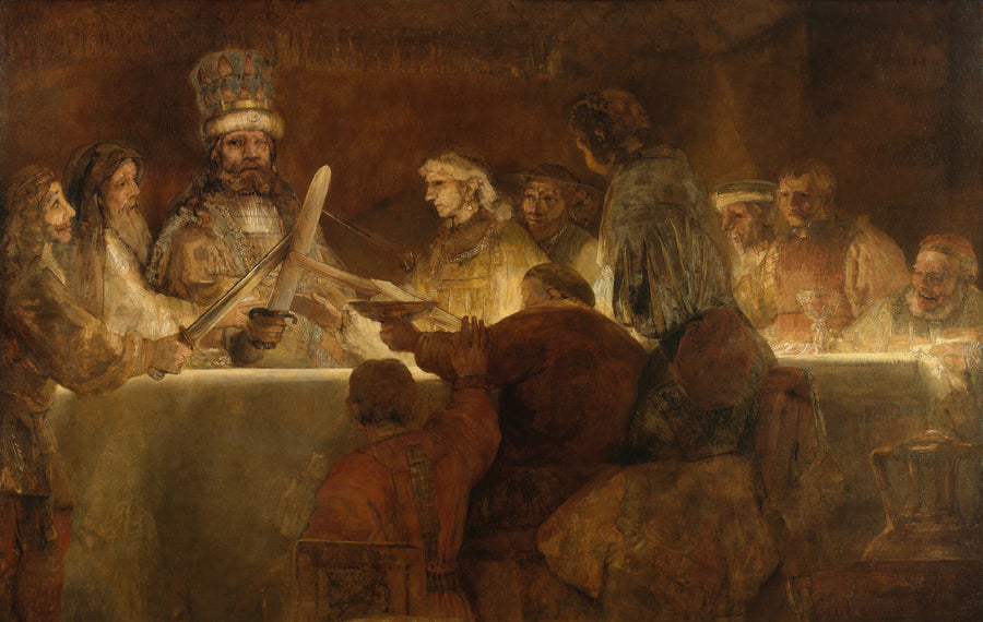 Rembrandt van Rijn — The Conspiracy of the Batavians under Claudius Civilis | Fine Art Print shown to scale on a wall above a sofa