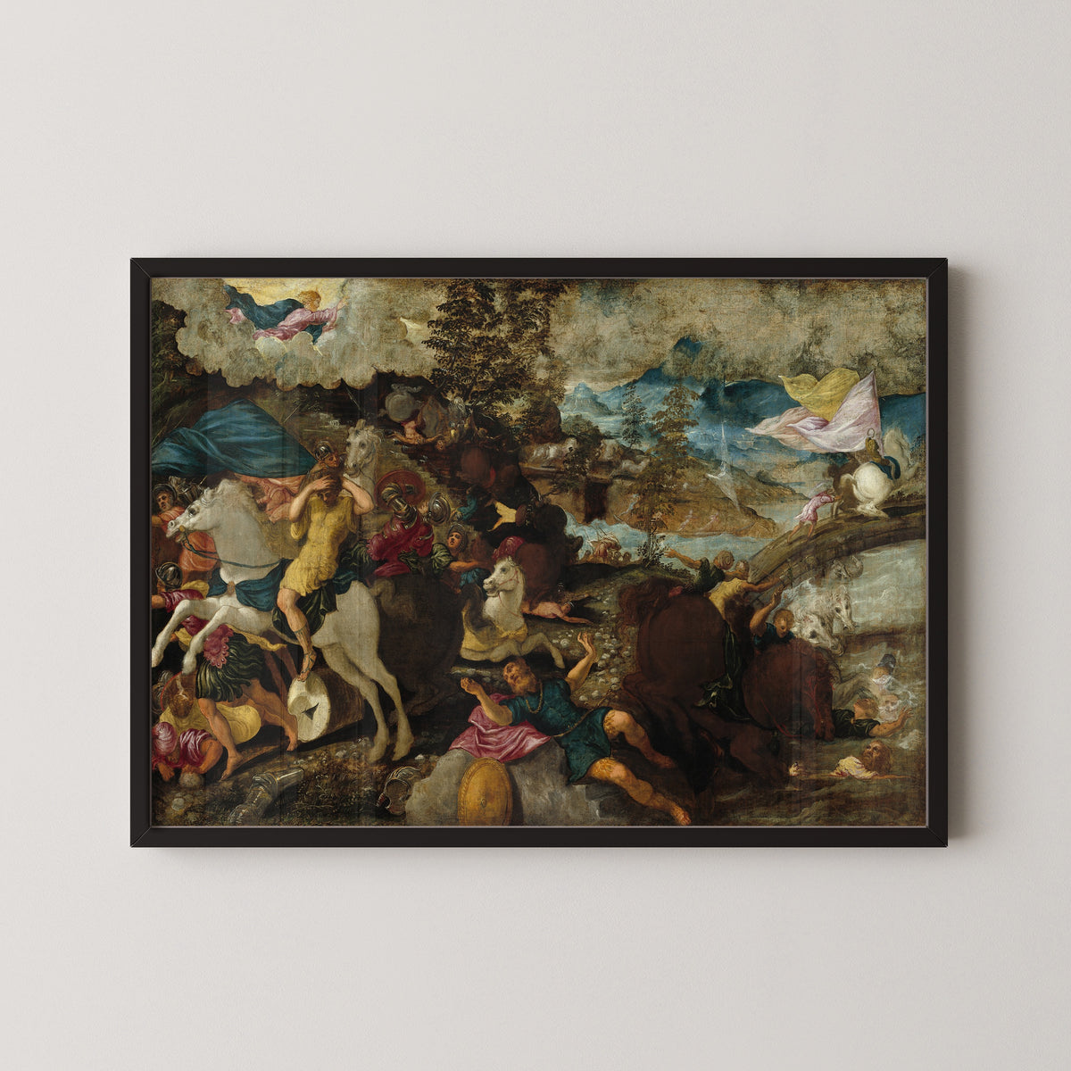 Framed art print of The Conversion of Saint Paul by Tintoretto, in a black frame on a pale wall