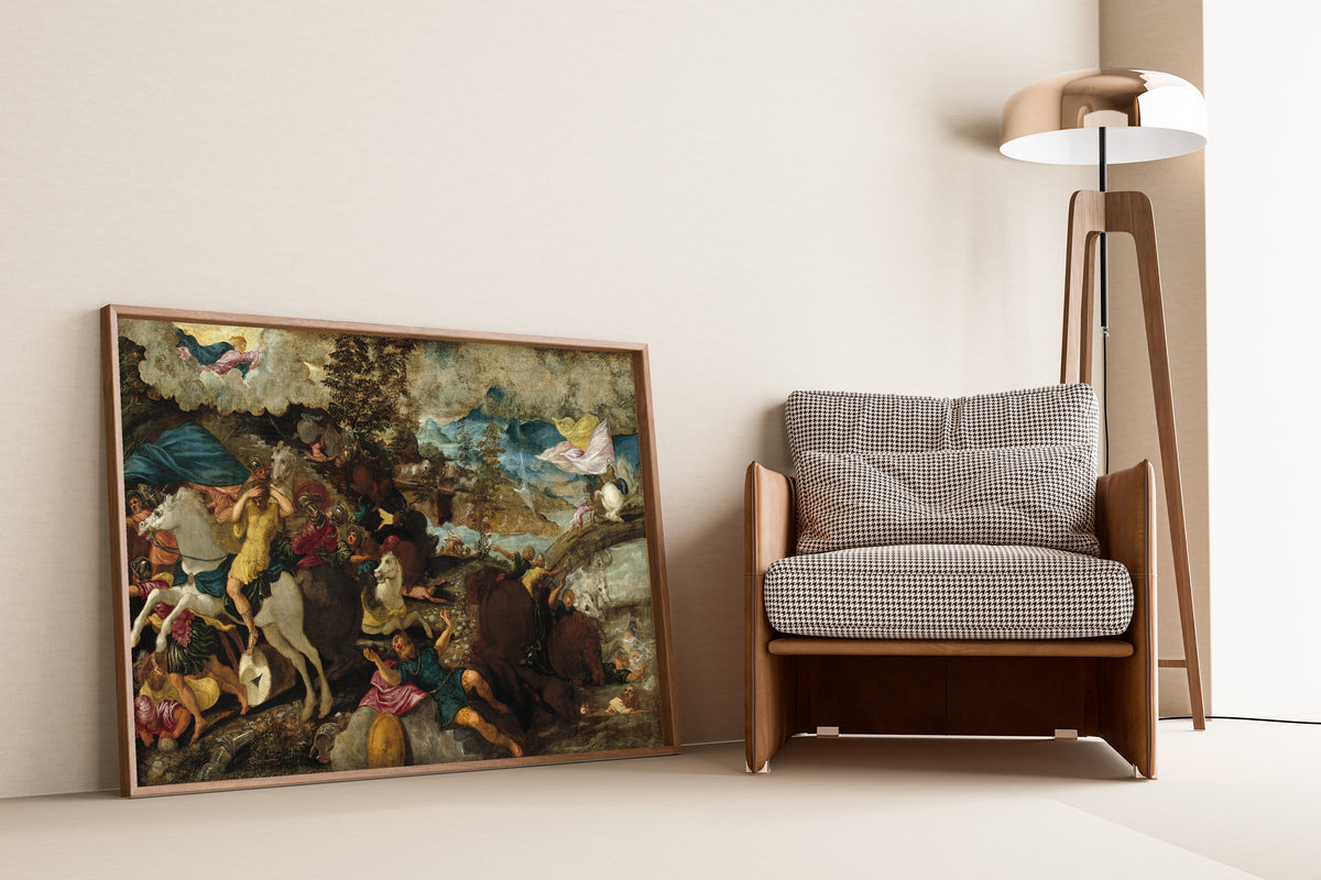 Framed art print of The Conversion of Saint Paul by Tintoretto, leaning against a wall beside an armchair and a floor lamp