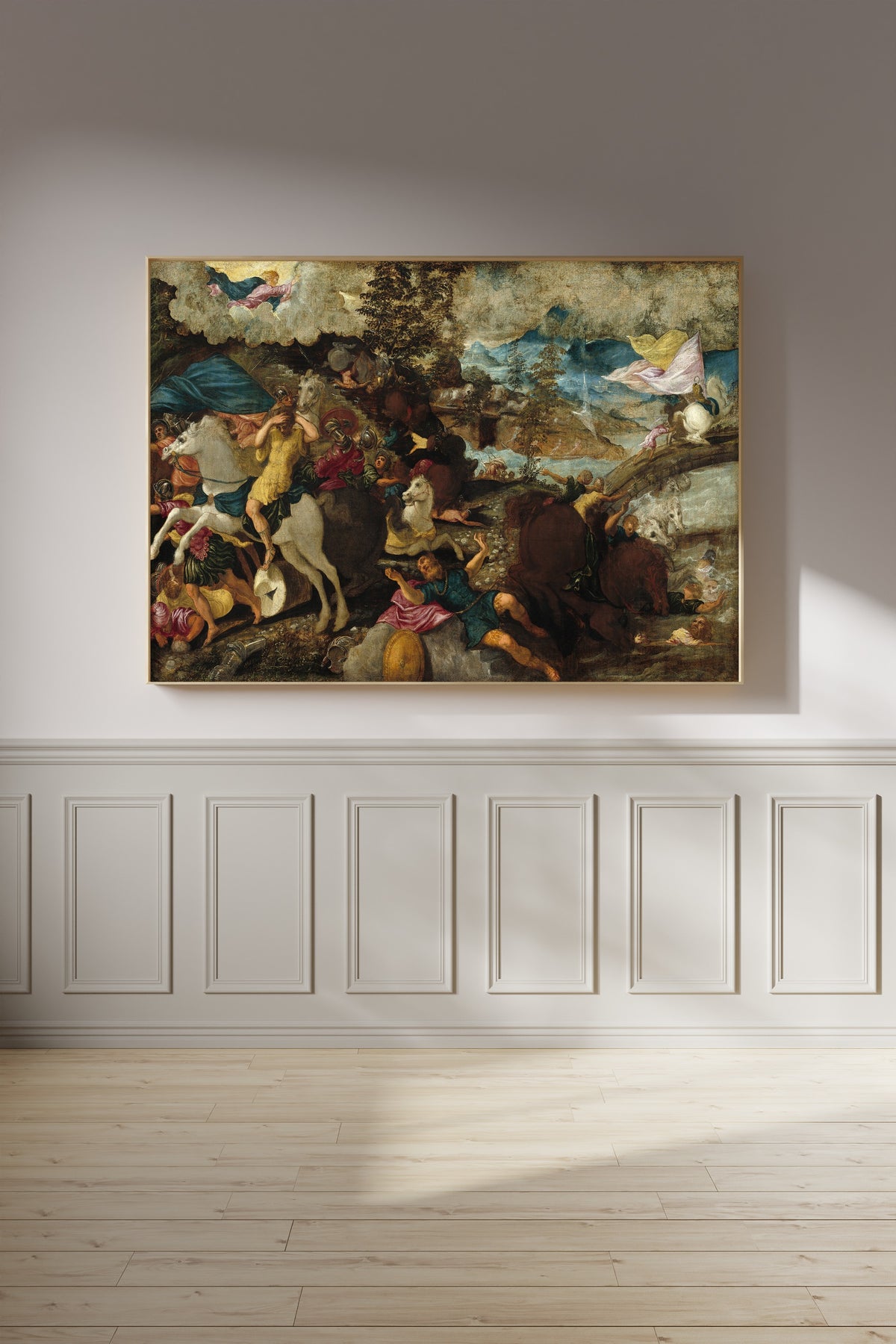 Framed art print of The Conversion of Saint Paul by Tintoretto, on a panelled wall in afternoon light