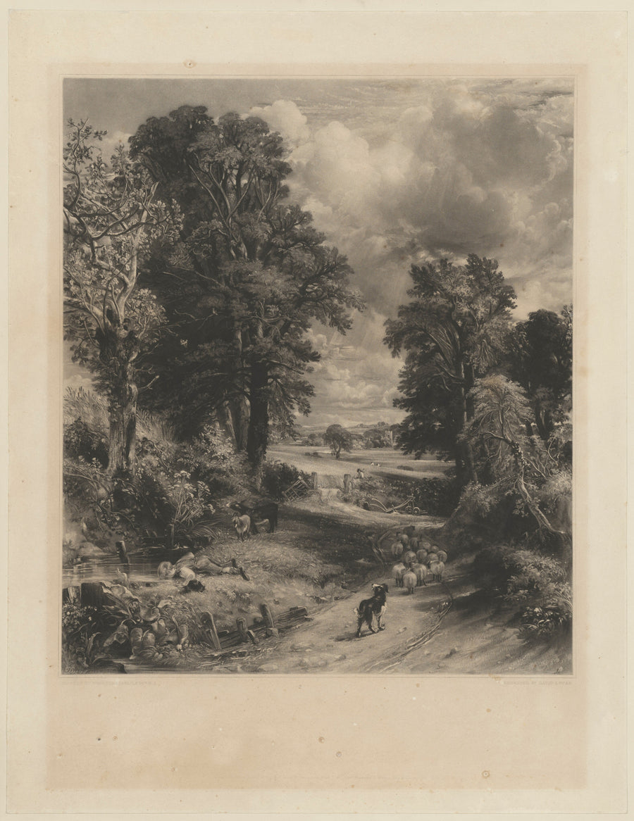 John Constable — The Cornfield | Mezzotint Print shown to scale on a wall above a sofa