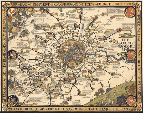 MacDonald Gill — The Country Bus-Services Map, London and Vicinity | Vintage Pictorial Map Print