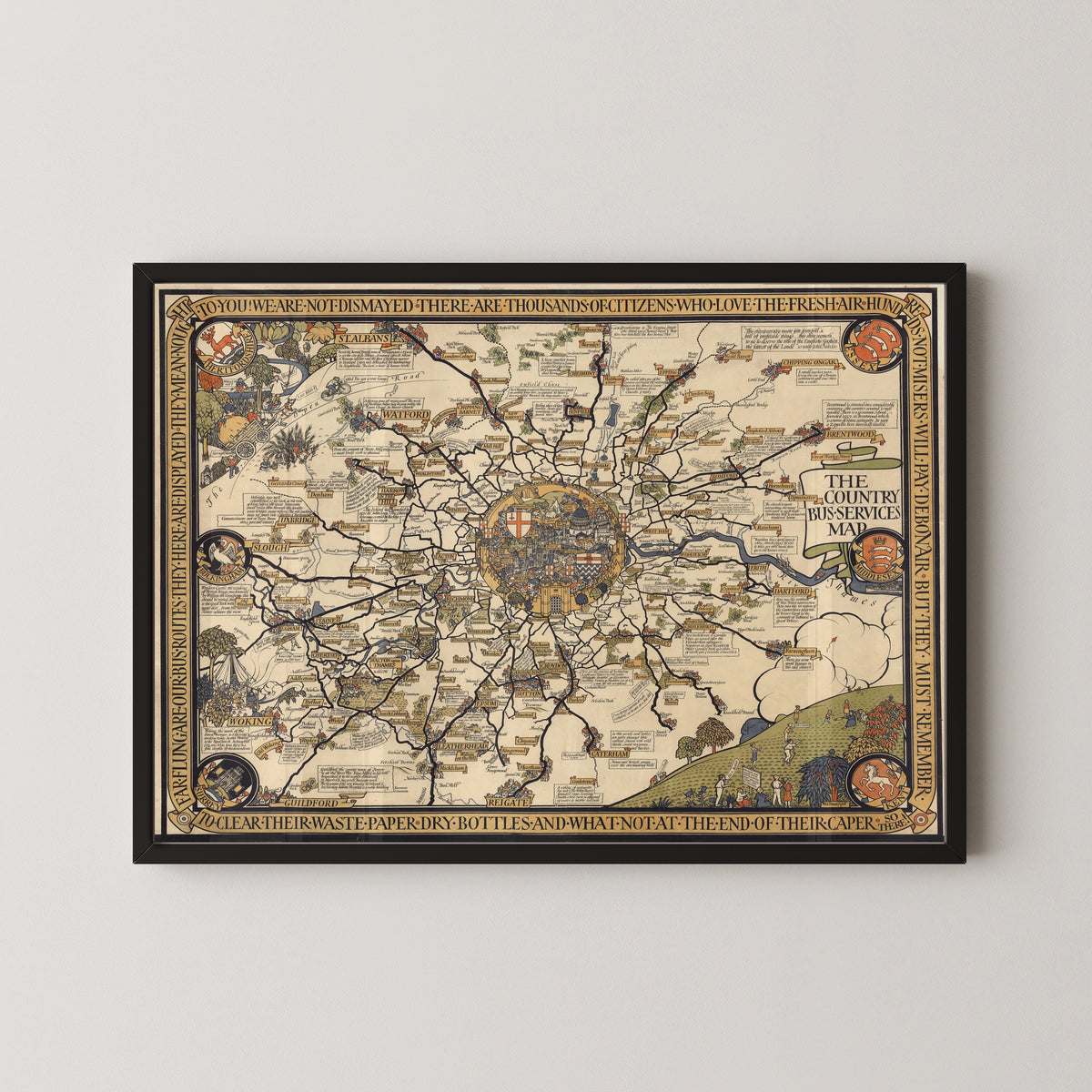 MacDonald Gill — The Country Bus-Services Map, London and Vicinity | Vintage Pictorial Map Print