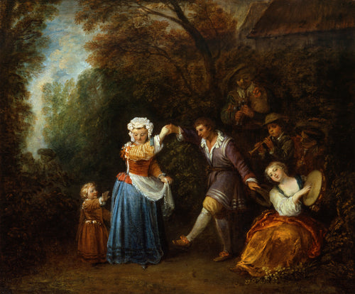 The Country Dance by Jean-Antoine Watteau — A woman lifts her apron as a young man leads her in a dance