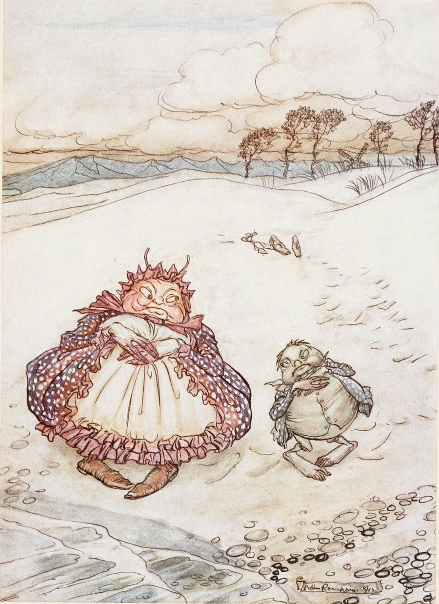 Arthur Rackham — The Crab and His Mother | Fable Illustration Print shown to scale on a wall above a sofa