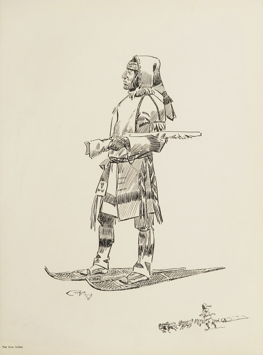 Charles M. Russell — The Cree Indian | Western Illustration Print shown to scale on a wall above a sofa