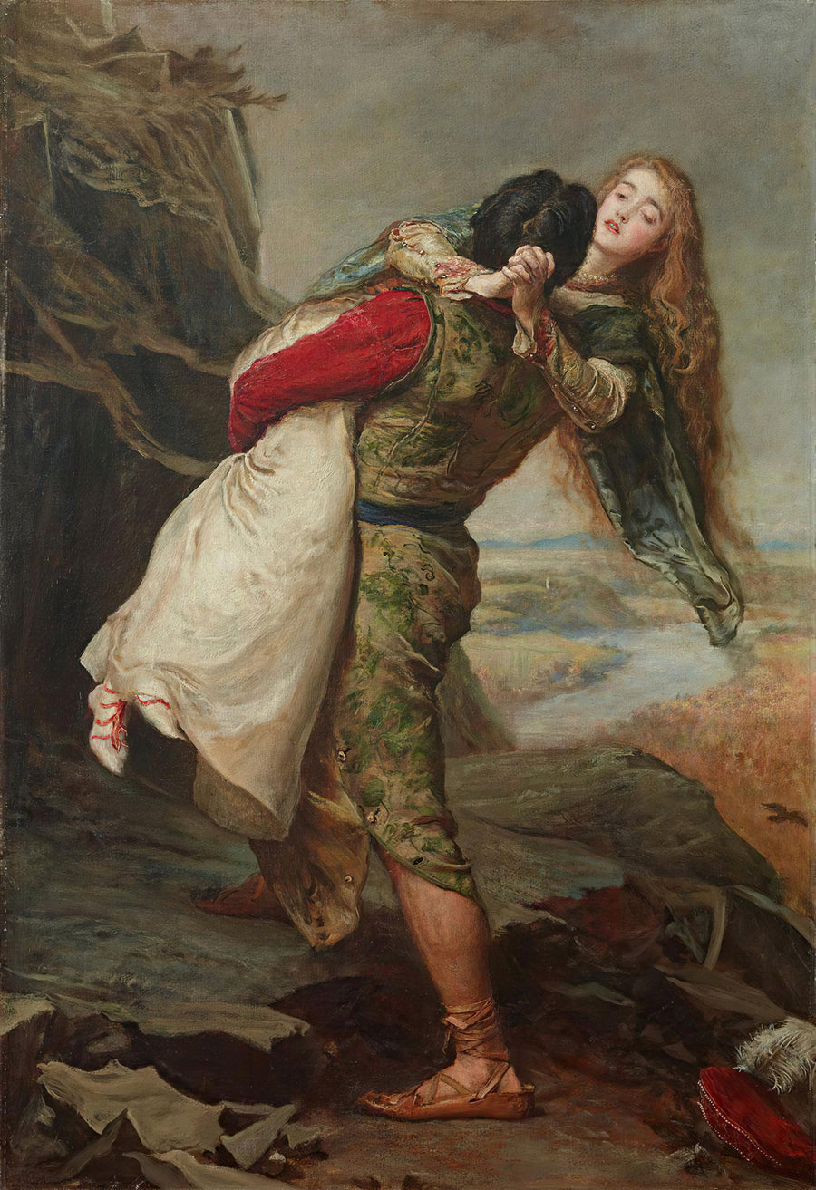 John Everett Millais — The Crown of Love | Pre-Raphaelite Art Print shown to scale on a wall above a sofa