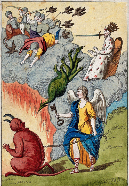 The Crowned King, the Seven-Headed Hydra and the Chained Lucifer by After Nicolas Flamel — A crowned king, a falling hydra and a chained red devil
