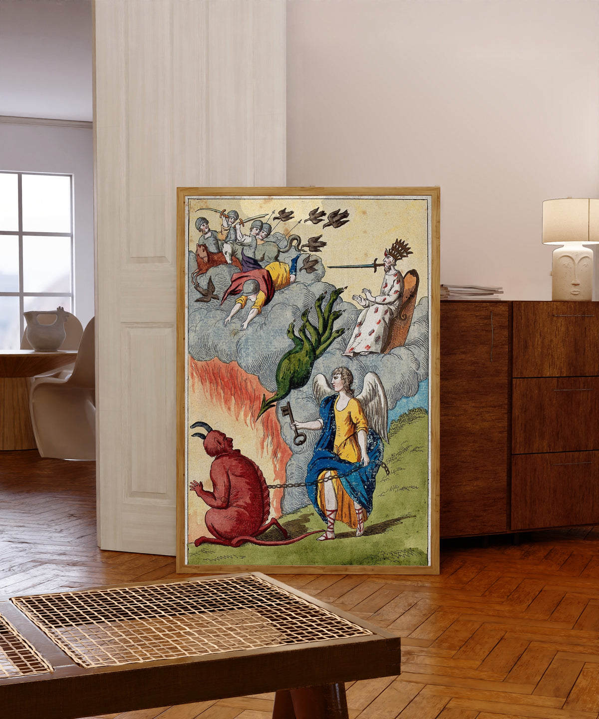 Framed art print of The Crowned King, the Seven-Headed Hydra and… by After Nicolas Flamel, in a light wood frame leaning in a warm room with a parquet floor