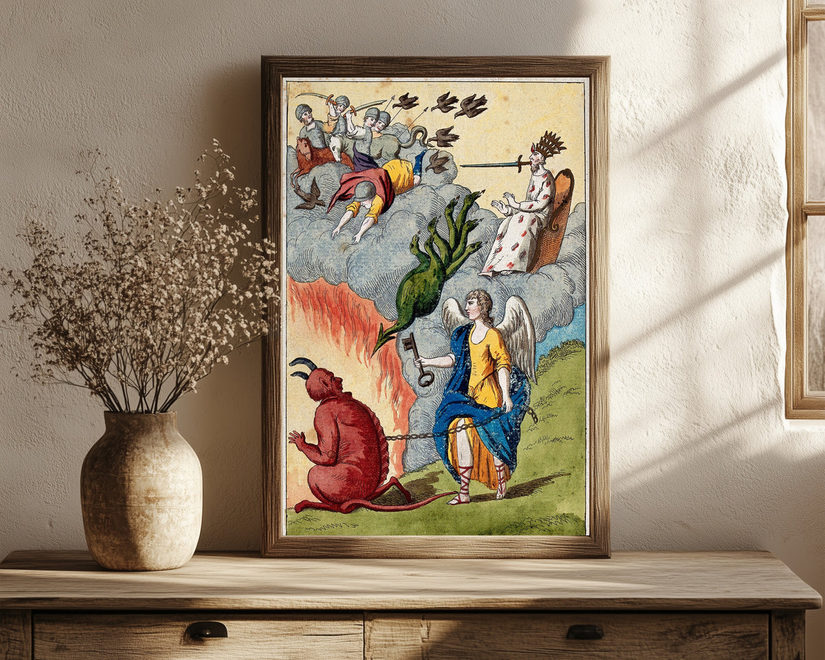 Framed art print of The Crowned King, the Seven-Headed Hydra… by After Nicolas Flamel, in a dark wood frame leaning on a rustic console beside dried flowers