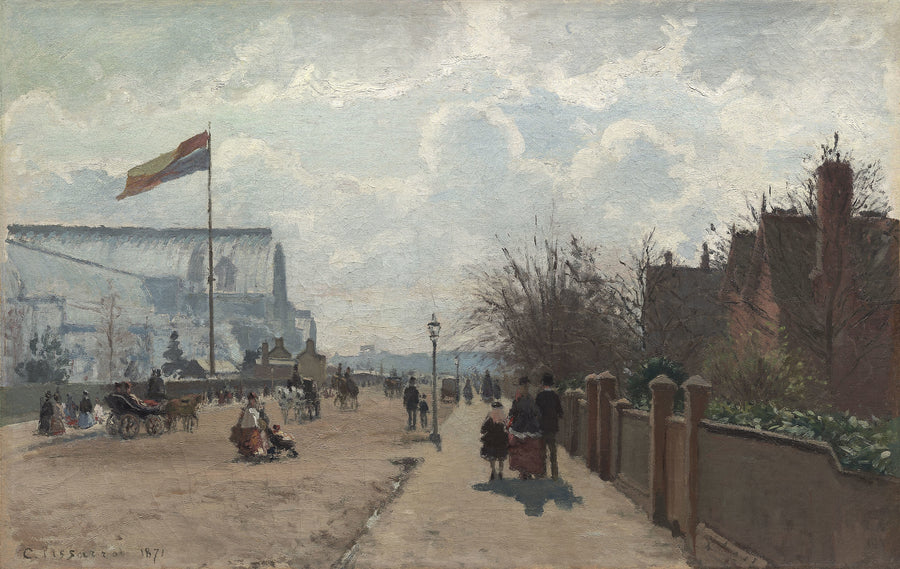 Camille Pissarro — The Crystal Palace | Fine Art Print shown to scale on a wall above a sofa