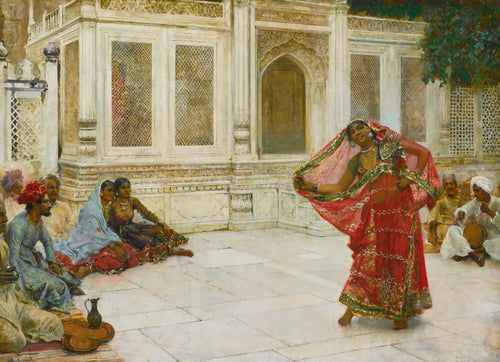 The Dance by Edwin Lord Weeks — A dancer in a red veil turns on a white marble court before musicians