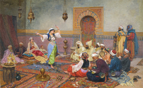 The Dance by Giulio Rosati — A dancer spins for a seated crowd on a floor of bright carpets