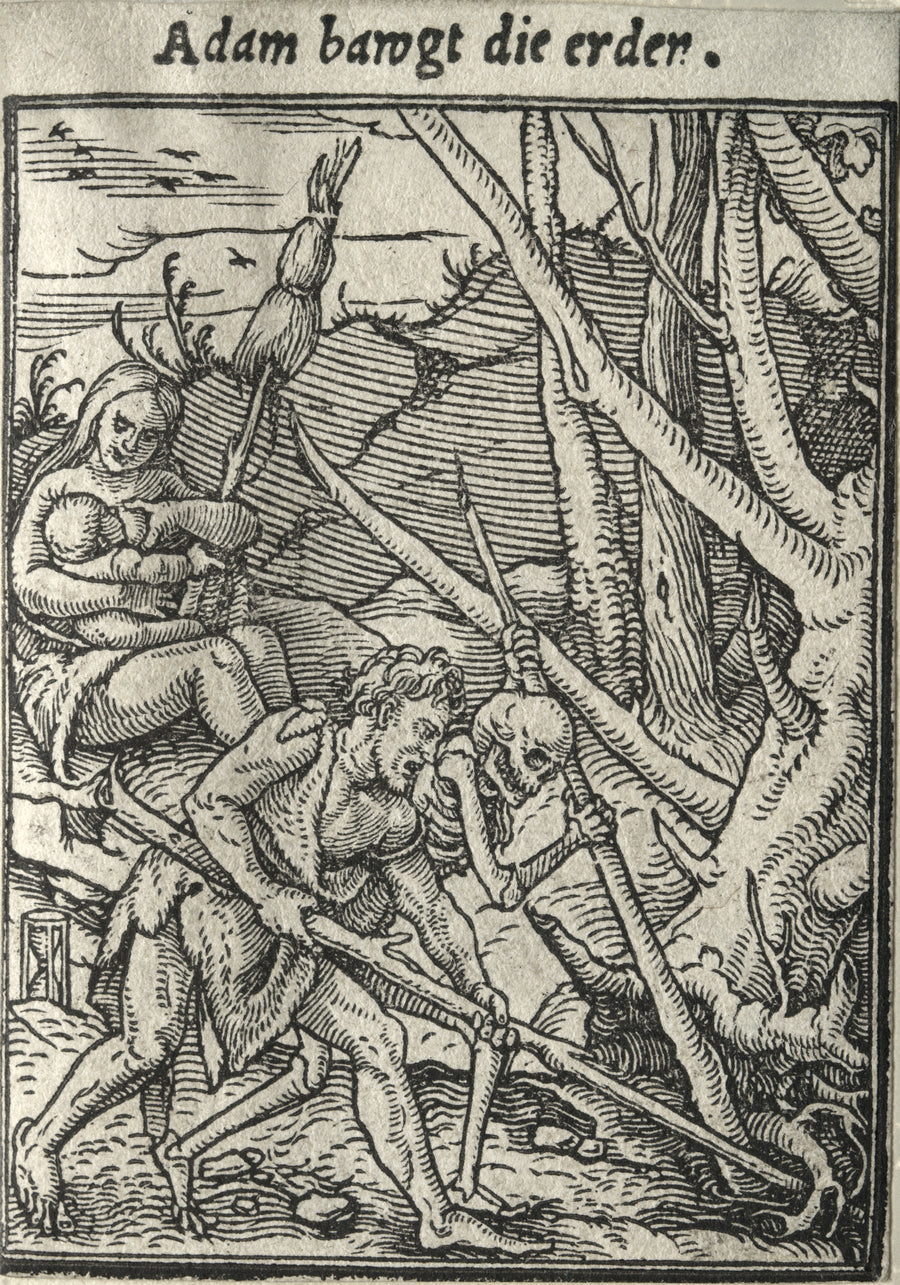 Hans Holbein the Younger — The Dance of Death: Adam bawgt die erden (Adam Tilling the Ground) | Woodcut Print shown to scale on a wall above a sofa