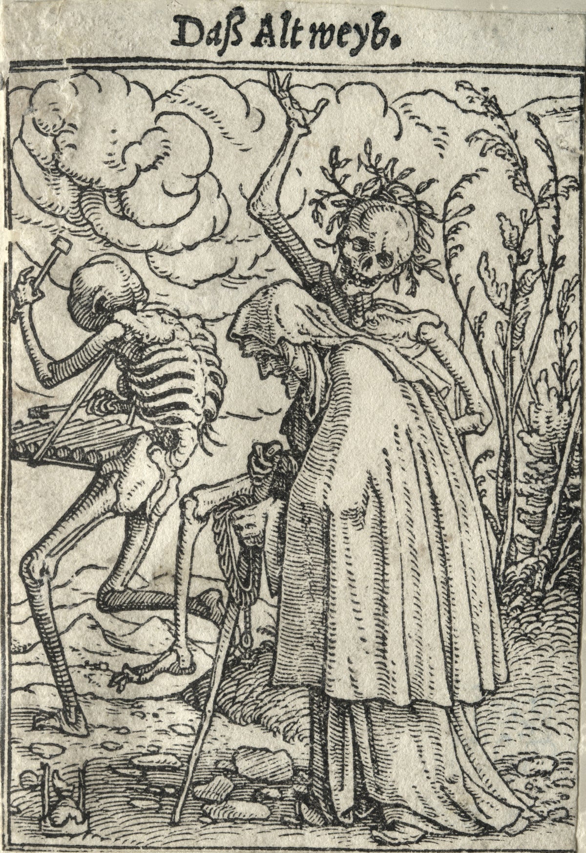 The Dance of Death: Daß Altweyb (The Old Woman) by Hans Holbein the Younger — Two skeletons, one wreathed in leaves, hurry a bent old woman along