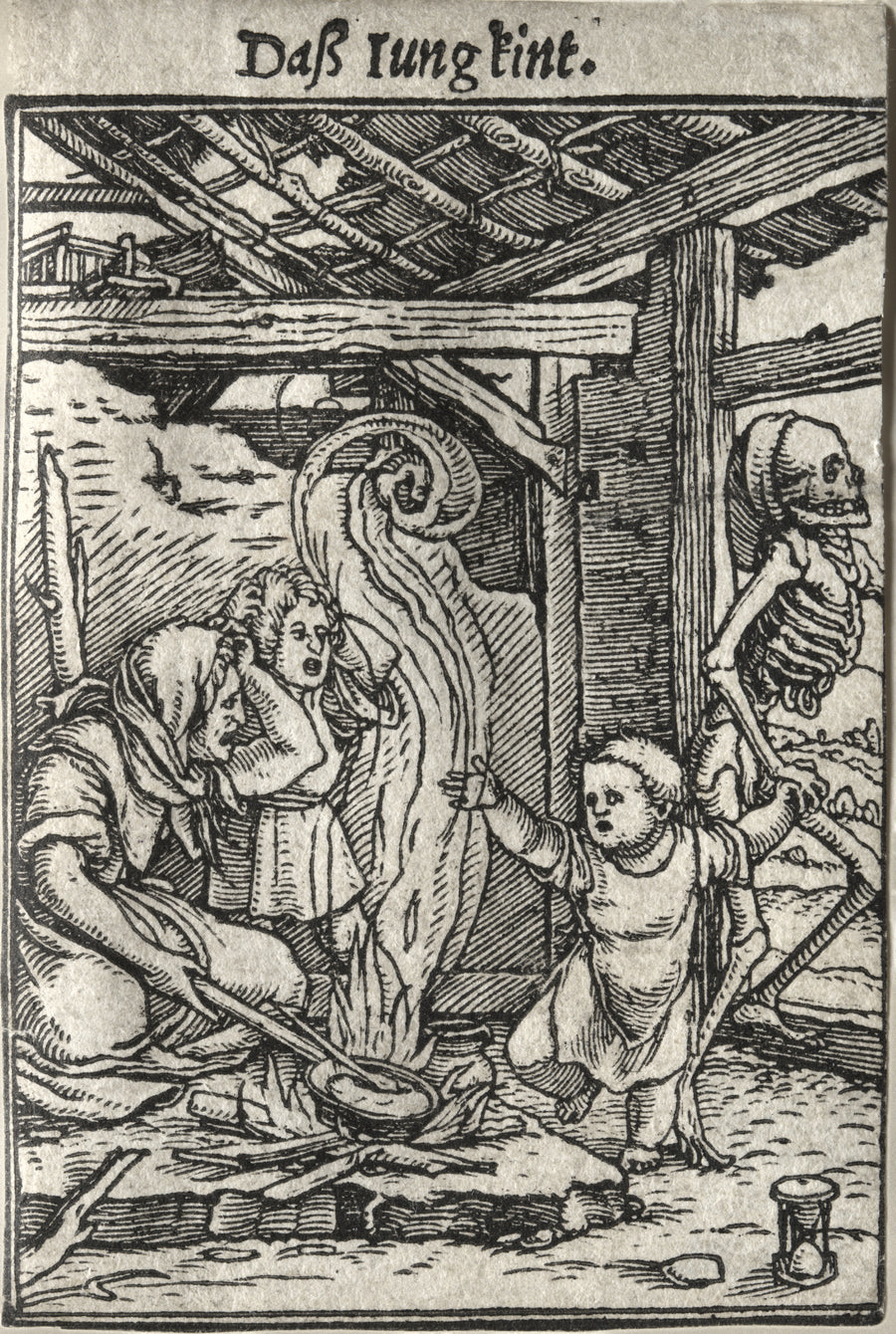 Hans Holbein the Younger — The Dance of Death: Daß Iung kint (The Child) | Woodcut Print shown to scale on a wall above a sofa