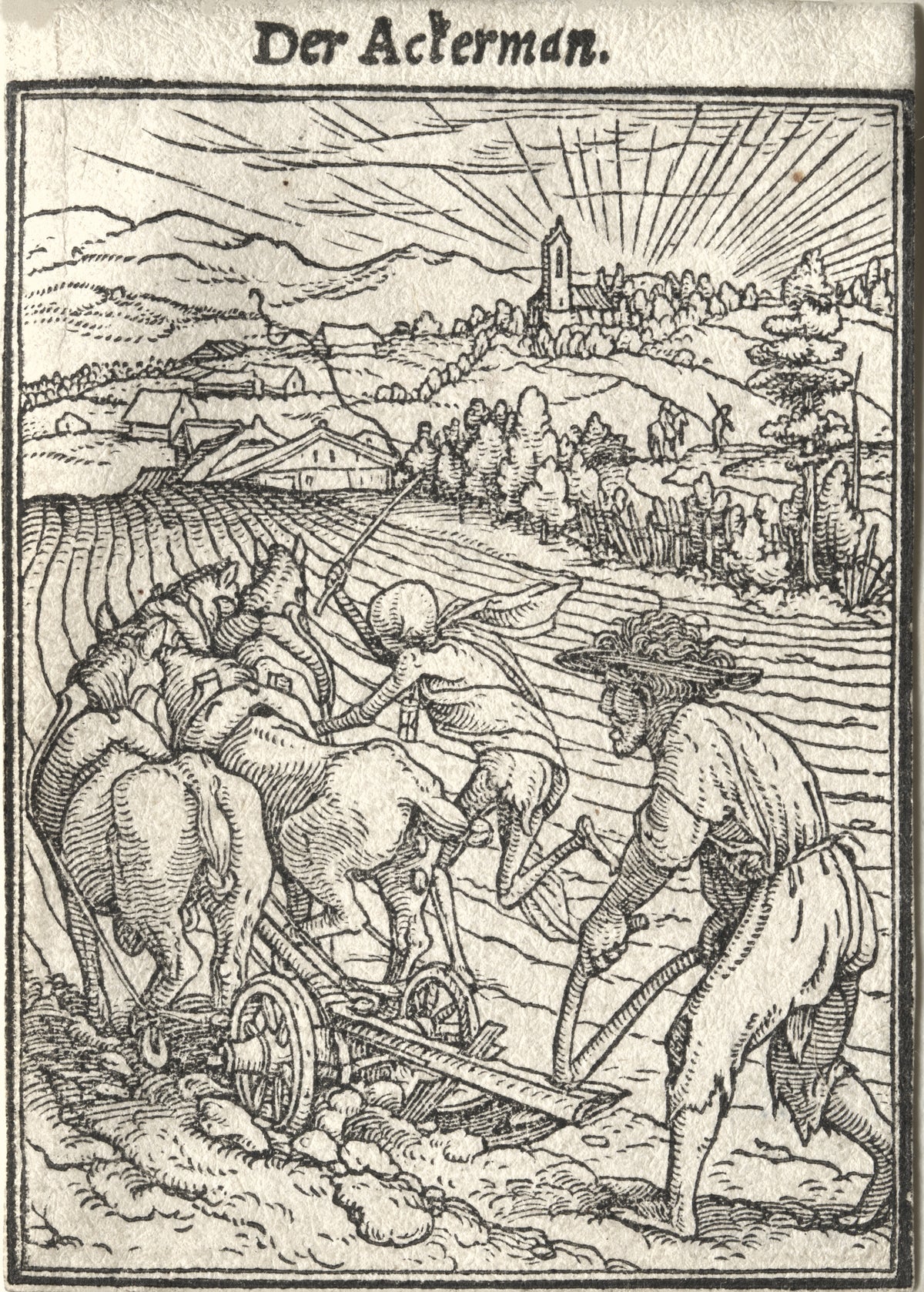 The Dance of Death: Der Ackerman (The Ploughman) by Hans Holbein the Younger — A skeleton drives the horses for a ploughman in a sunlit field