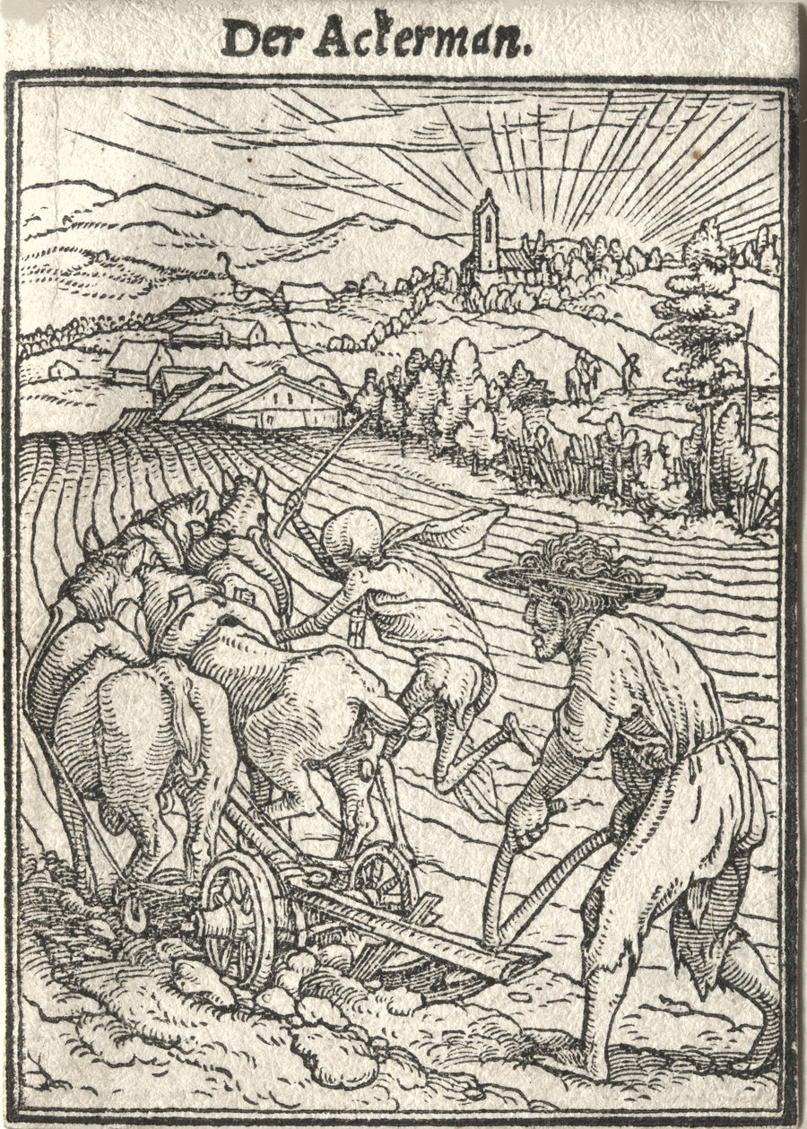 Hans Holbein the Younger — The Dance of Death: Der Ackerman (The Ploughman) | Woodcut Print shown to scale on a wall above a sofa